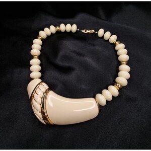 Vintage Napier 1980s Cream & Gold-Tone Beaded Necklace With Curved Pendant